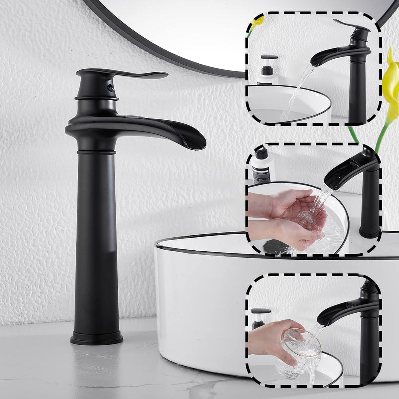 GGStudy Black Bathroom Faucet GGStudy Single Handle One Hole Farmhouse Waterfall Bathroom Vessel Sink Faucet Matte Black Matching with Pop Up Drain - Image 4